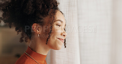 Buy stock photo Profile, happy woman and thinking in home, planning future or reflection of mindset by window view or curtains. Living room, smile and African girl with vision, ideas or dream for morning inspiration