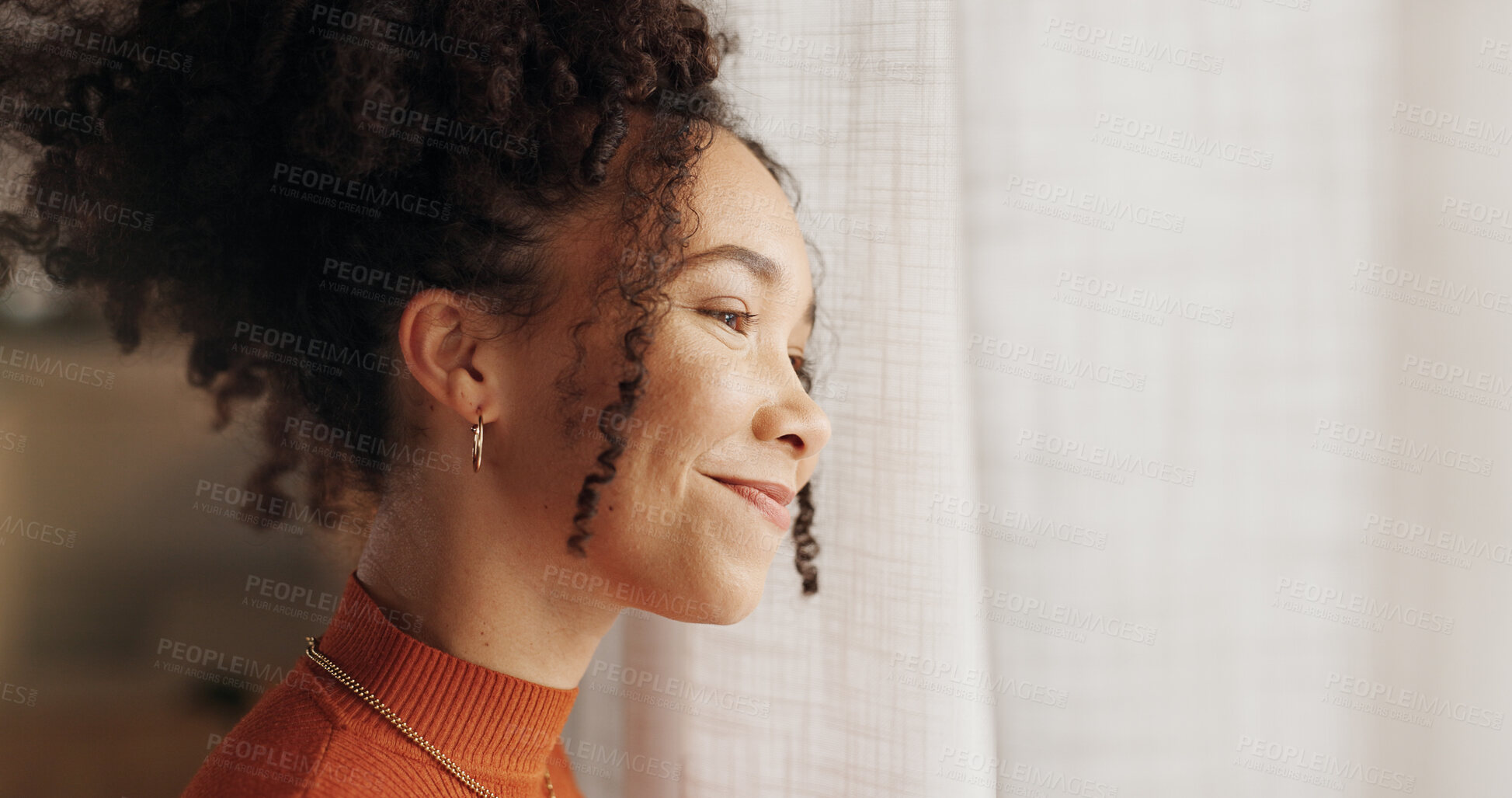 Buy stock photo Profile, happy woman and thinking in home, planning future or reflection of mindset by window view or curtains. Living room, smile and African girl with vision, ideas or dream for morning inspiration