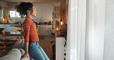 Buy stock photo Relax, happy woman and thinking of future in home, planning or reflection of mindset by window view or curtains. Living room, smile and African girl with vision, idea or dream for morning inspiration