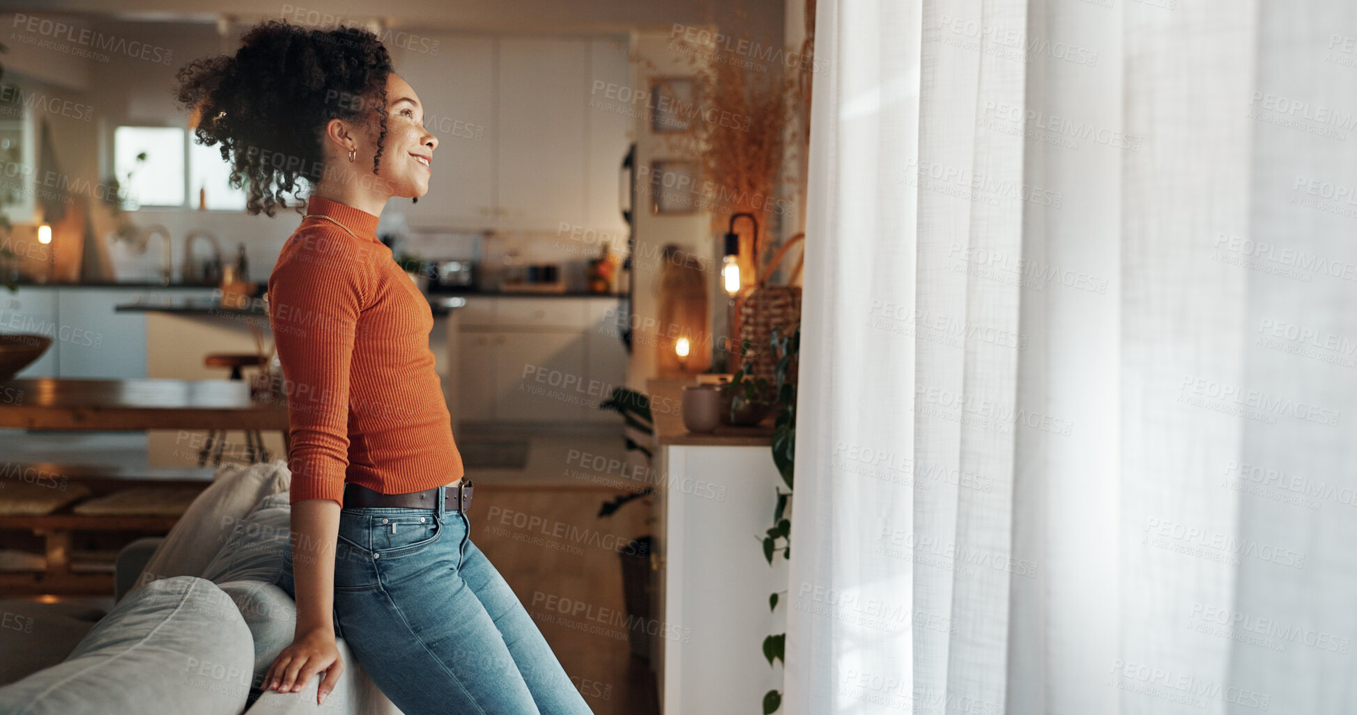 Buy stock photo Relax, happy woman and thinking of future in home, planning or reflection of mindset by window view or curtains. Living room, smile and African girl with vision, idea or dream for morning inspiration