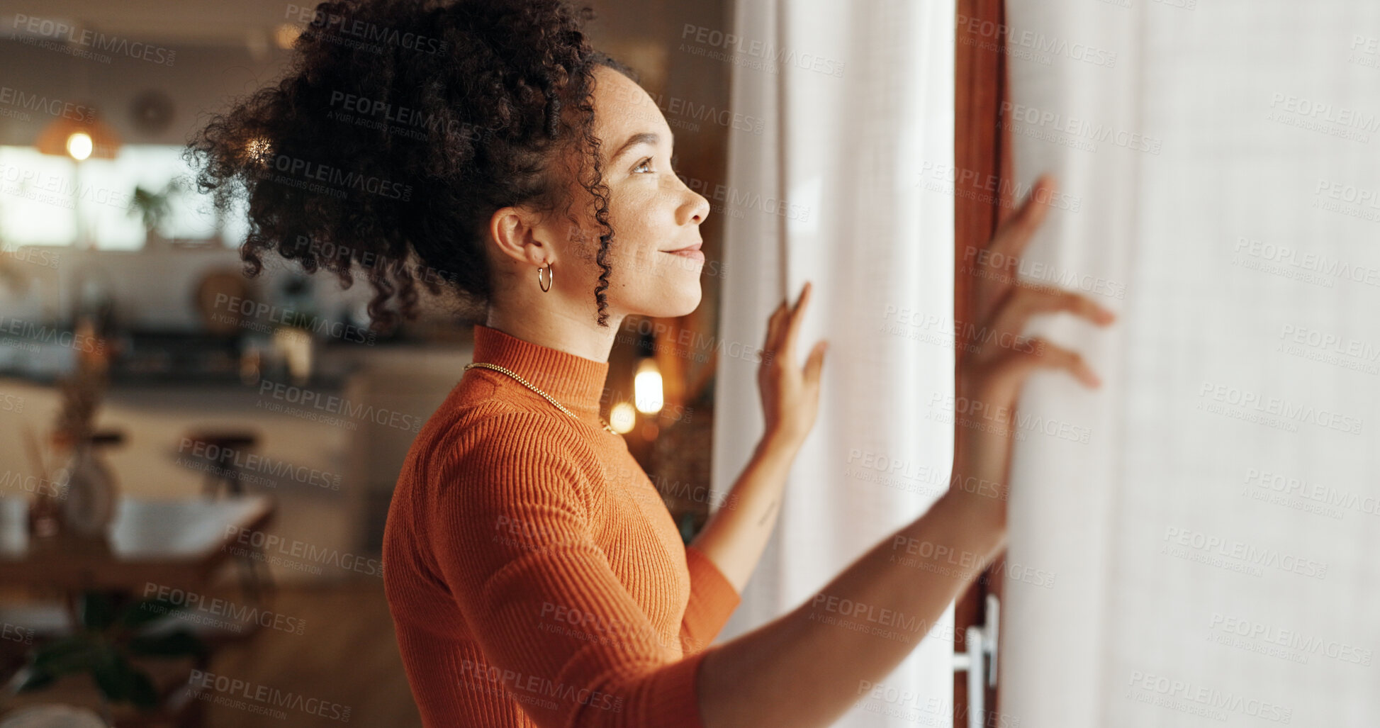 Buy stock photo Curtains, happy woman and thinking of future in home, planning and reflection of mindset with view. Window, smile and African girl with vision, ideas and dream for morning inspiration in living room