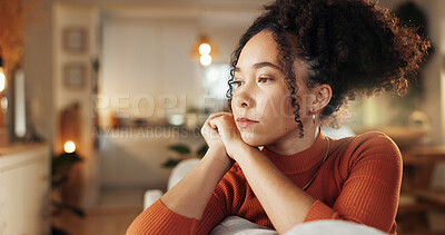 Buy stock photo Depression, heartbreak and sad with face of woman on sofa in living room of home for contemplation. Bored, lonely and thinking with unhappy African person in apartment for breakup or separation