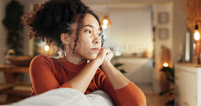 Buy stock photo Depression, lonely and sad with face of woman on sofa in living room of home for contemplation. Bored, heartbreak and thinking with unhappy African person in apartment for breakup or separation