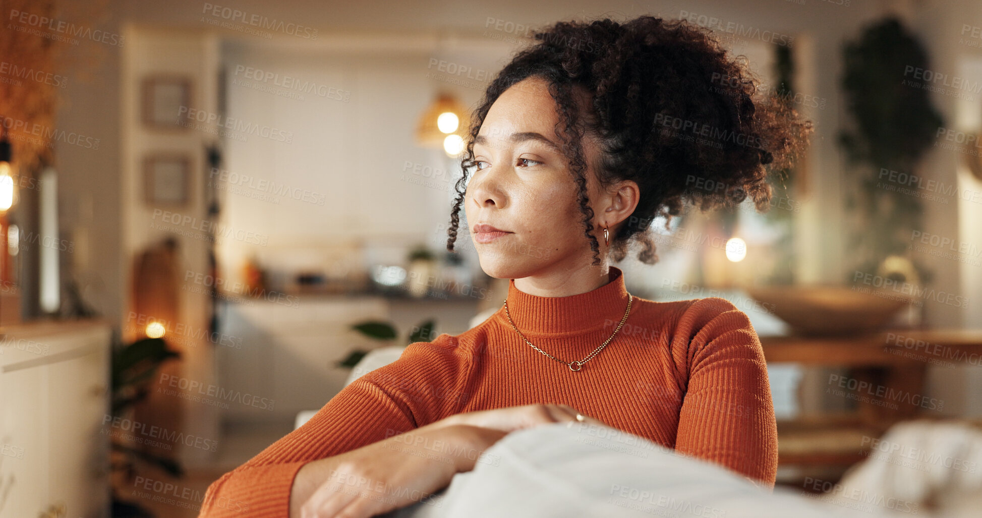 Buy stock photo Boredom, face and thinking with woman on sofa in living room of home, planning for future. Idea, mindfulness and vision with serious African person in apartment to relax on weekend for wellness