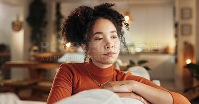 Buy stock photo Depression, heartbreak and thinking with face of woman on sofa in living room of home for contemplation. Bored, lonely and sad with unhappy African person in apartment for breakup or separation