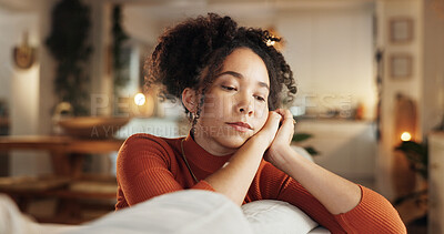 Buy stock photo Breakup, depression and sad with face of woman on sofa in living room of home for contemplation. Bored, heartbreak and thinking with unhappy African person in apartment for loneliness or separation