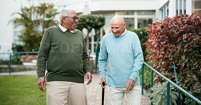 Buy stock photo Senior men, laughing and bonding in retirement home as pensioner for activity, walk and relax. People, elderly care and friends for outdoor in garden, park or backyard in nursing village or community