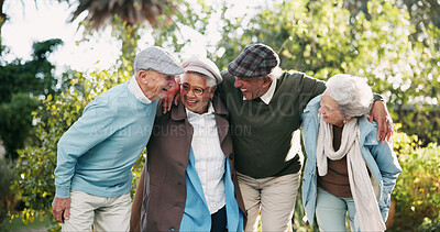 Buy stock photo Senior people, together and outdoor in retirement home as pensioners for support, wellness and relax. Group, elderly care and friends for bonding in garden or backyard as nursing village or community