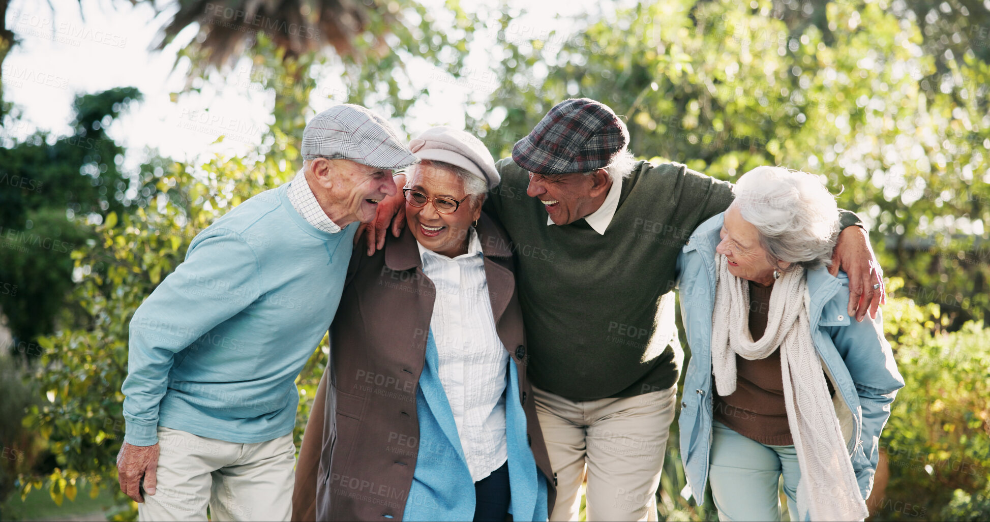 Buy stock photo Senior people, together and outdoor in retirement home as pensioners for support, wellness and relax. Group, elderly care and friends for bonding in garden or backyard as nursing village or community