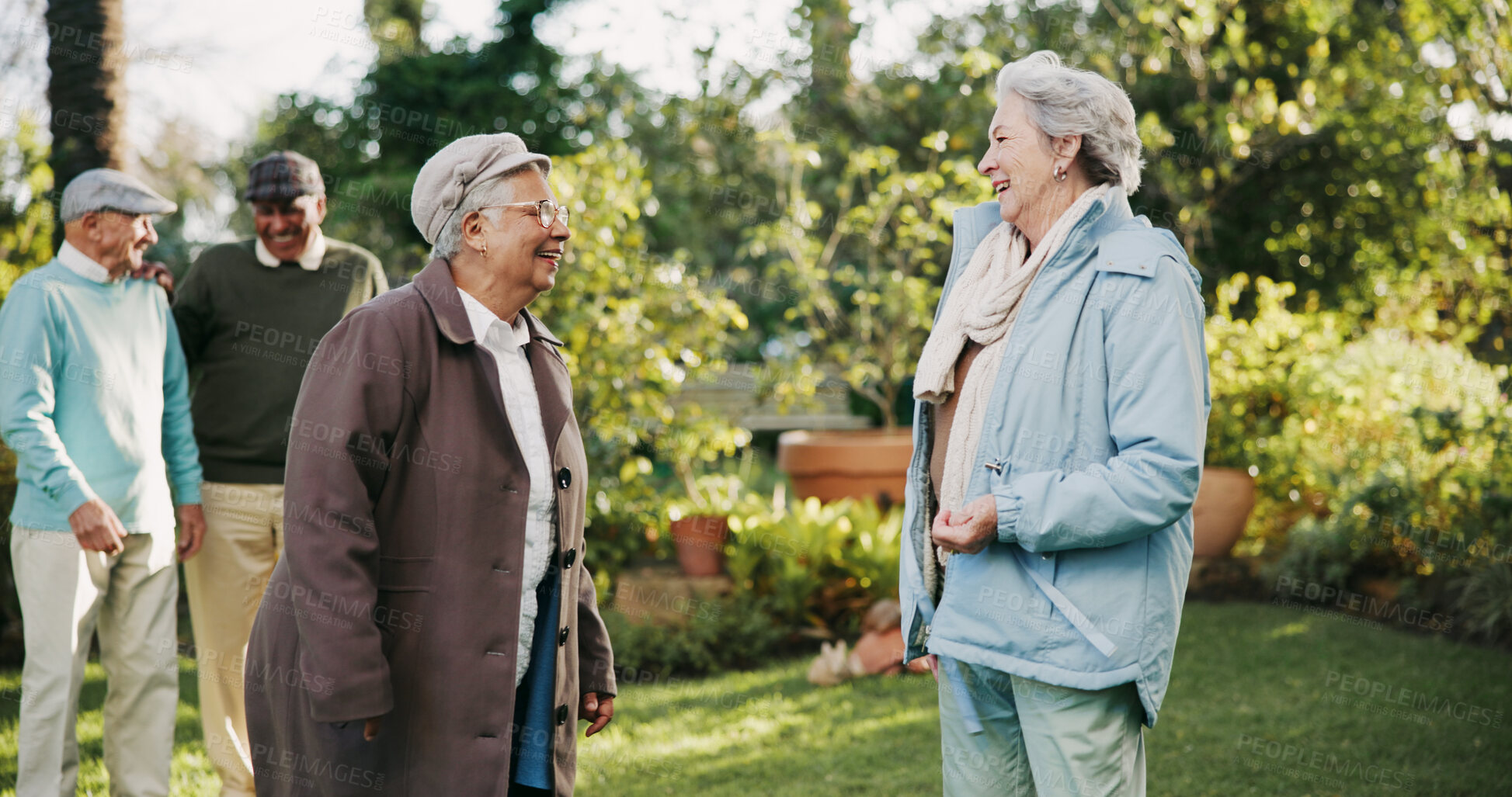 Buy stock photo Nature, conversation and senior women outdoor in garden at retirement home for bonding together. Happy, communication and elderly female people in discussion at park with connection in friendship.