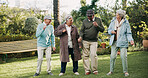 Senior people, dancing and bonding in retirement home as pensioners for activity, support or relax. Group, elderly care and happiness for outdoor in garden or backyard as community in nursing village