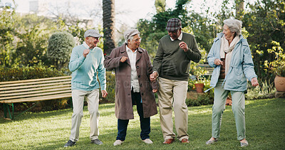 Buy stock photo Senior people, dancing and bonding in retirement home as pensioners for activity, support or relax. Group, elderly care and happiness for outdoor in garden or backyard as community in nursing village