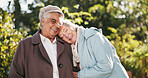 Senior, women and laughing with hug outdoor for love, retirement friends and comic conversation in nature. Smile, elderly and people with embrace for connection, bonding together and funny morning