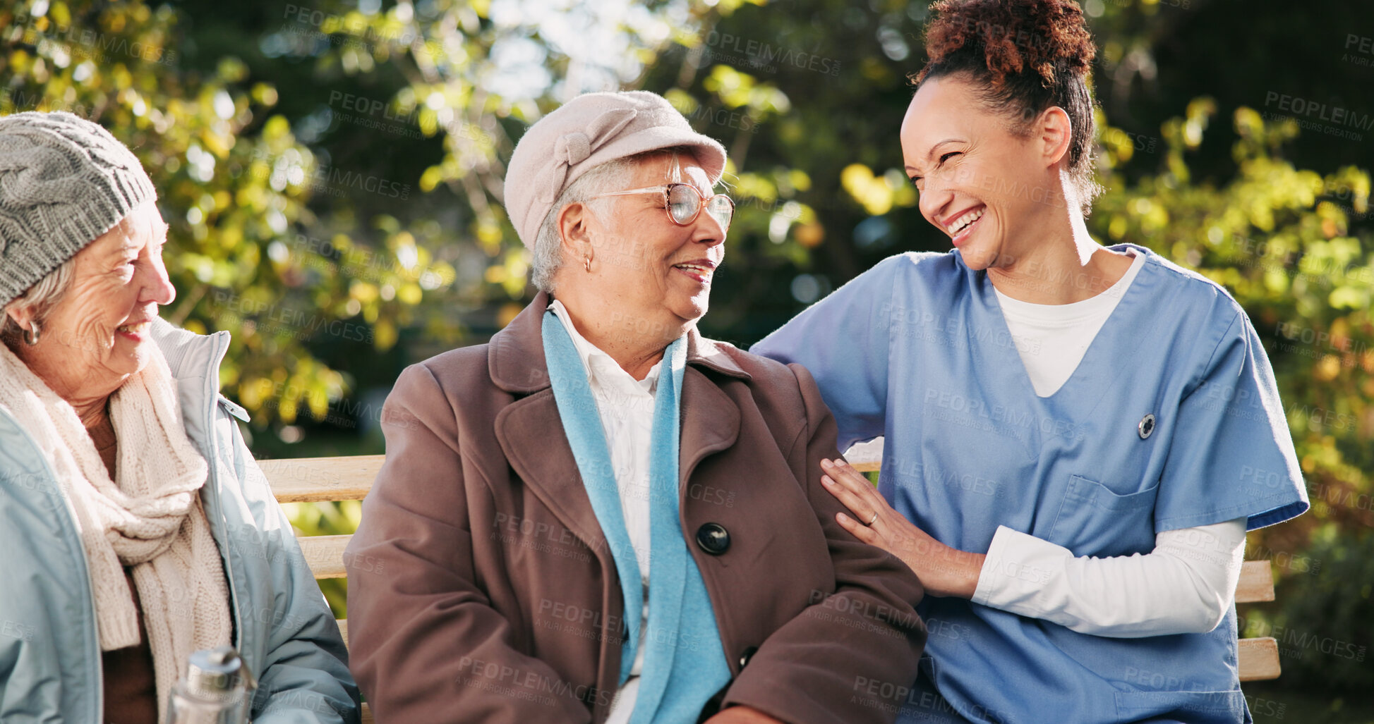 Buy stock photo Hug, retirement and nurse with old couple on park bench for assisted living or healthcare. Love, medical or trust with senior woman, man and caregiver embracing outdoor in nature to relax for bonding