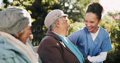 Buy stock photo Laughing, retirement and nurse with old couple on park bench for assisted living or healthcare. Funny, love or medical with senior man, woman and caregiver outdoor in nature to relax for bonding