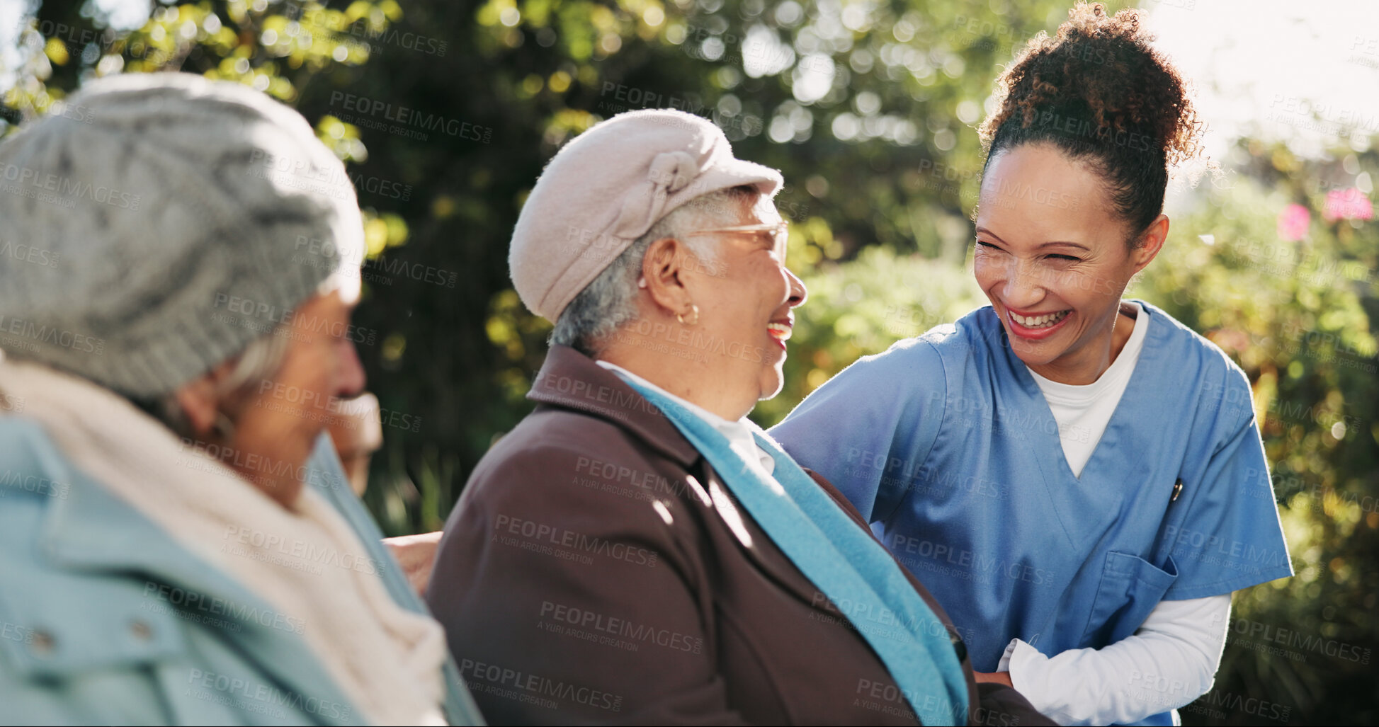 Buy stock photo Laughing, retirement and nurse with old couple on park bench for assisted living or healthcare. Funny, love or medical with senior man, woman and caregiver outdoor in nature to relax for bonding