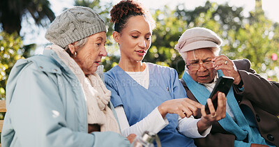 Buy stock photo Phone, retirement and nurse with old women on park bench for assisted living, communication or healthcare. Love, medical or trust with senior people and caregiver outdoor in nature for update