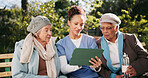 Nurse, senior women and tablet for telehealth, daily schedule and wellness app in retirement. Elderly people, helping and tech for patient as caregiver for support, advice and outdoor in nursing home