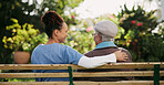 Caregiver, senior woman and relax on bench outdoor for nursing support, retirement and comic conversation. Back, volunteer and people with comfort for nature wellness, funny discussion and empathy 