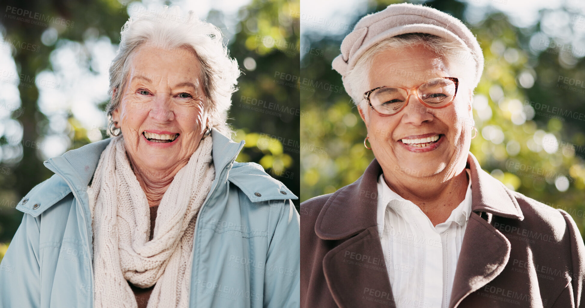 Buy stock photo Collage, senior women and park portrait with friends, wellness and smile in nature or backyard. Garden, happy and retirement home backyard with relax, joy and confidence on weekend in winter sun