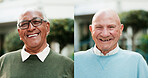 Portrait, outdoor and old men with smile, friends and happiness with retirement, joyful and cheerful. Face, elderly people and pensioner with nature, funny and excited with weekend break and calm