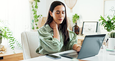 Buy stock photo Shoulder pain, woman and online with laptop, serious and burnout for project, tension and hurt in office. Digital, copywriting and person with injury, poor posture and stress of workload and ache