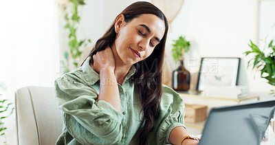 Buy stock photo Frustrated, woman and laptop with neck pain for stress, overworked or strain at office. Young, female person or employee with injury, sore spine or ache on technology in burnout, fatigue or pressure