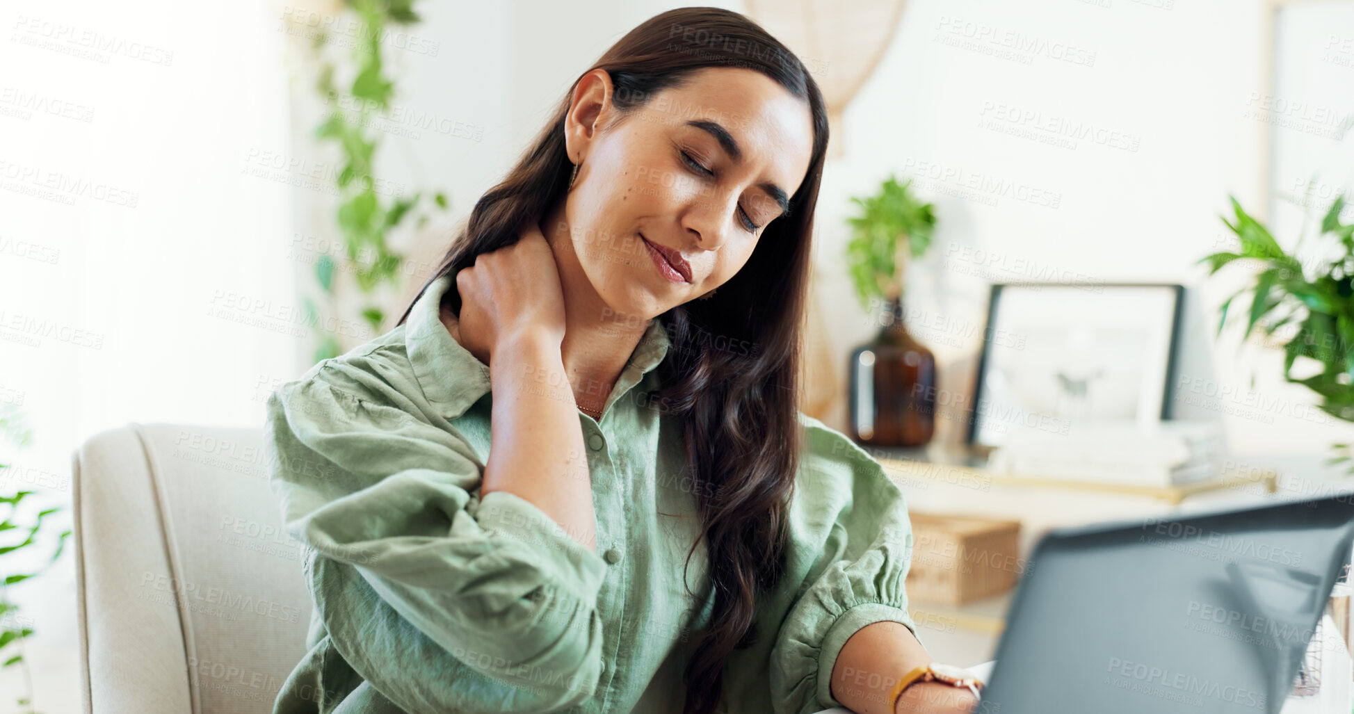 Buy stock photo Frustrated, woman and laptop with neck pain for stress, overworked or strain at office. Young, female person or employee with injury, sore spine or ache on technology in burnout, fatigue or pressure