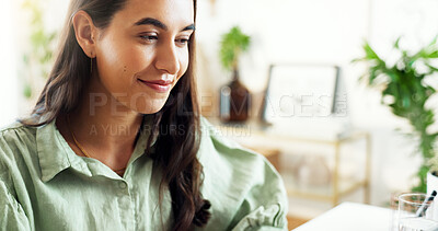 Buy stock photo Business woman, office and smile at desk with working, planning and creative work at startup. Writer, thinking and ideas for article with reading and journalist employee at content creation agency