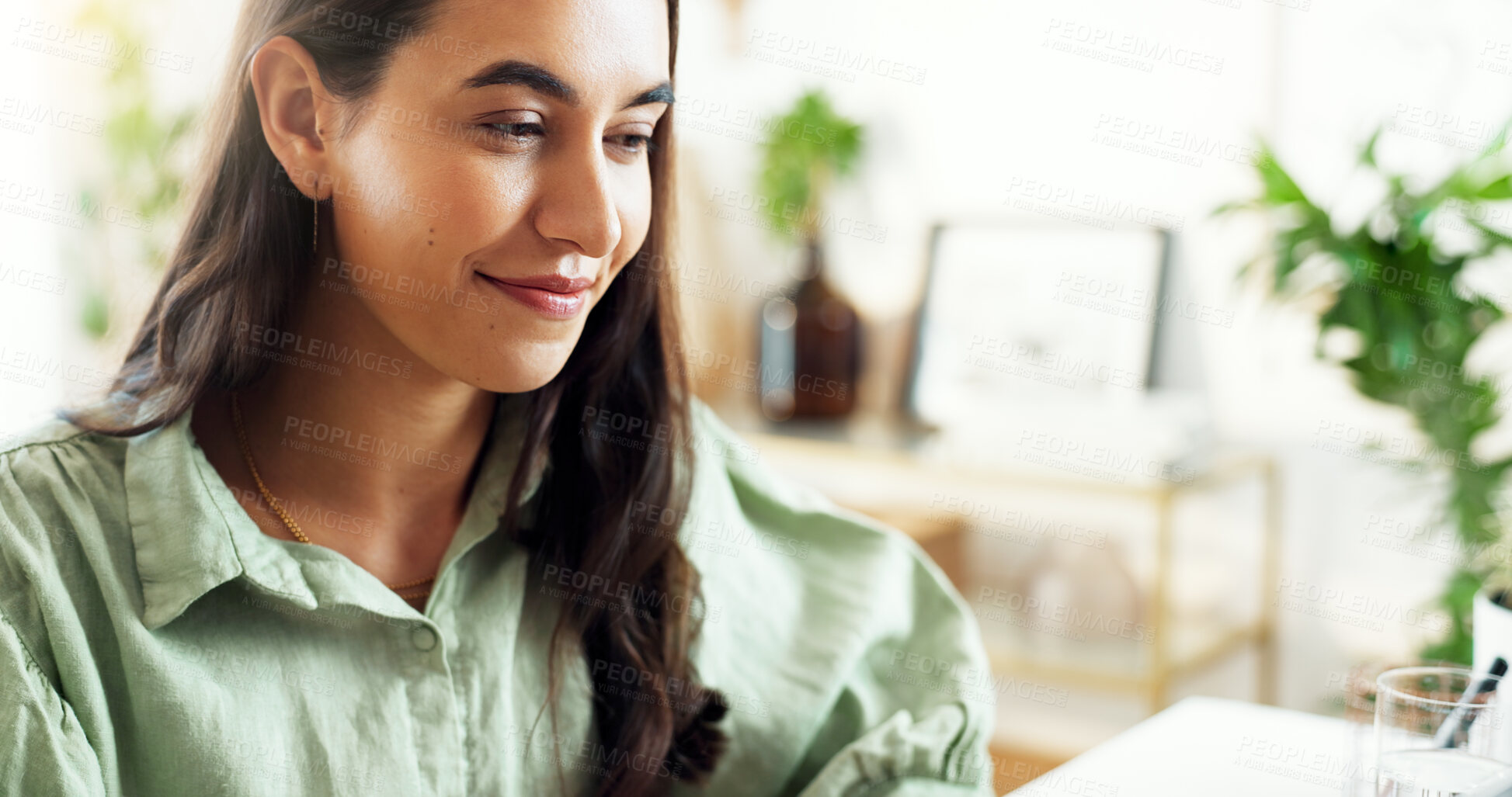 Buy stock photo Business woman, office and smile at desk with working, planning and creative work at startup. Writer, thinking and ideas for article with reading and journalist employee at content creation agency