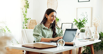 Buy stock photo Business woman, laptop and planning at office desk with entrepreneur and ideas for project. Working, professional and workplace with staff and writing press release with company image consultant