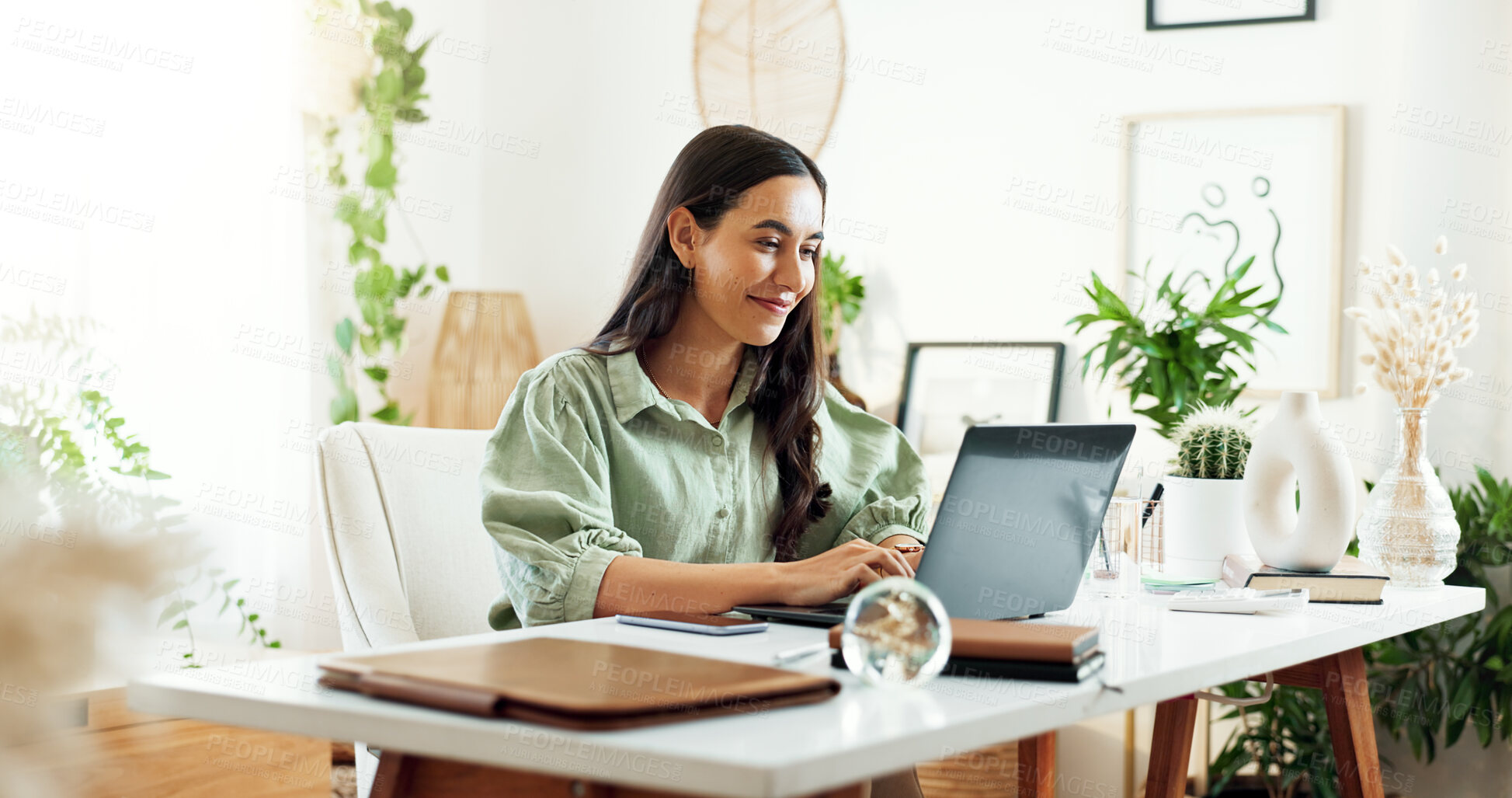 Buy stock photo Business woman, laptop and planning at office desk with entrepreneur and ideas for project. Working, professional and workplace with staff and writing press release with company image consultant