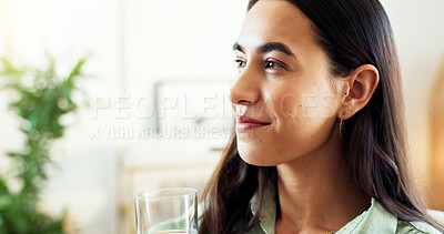 Buy stock photo Thinking, glass and woman with water in home for wellness, health and detox in morning. Relax, happy and face of thirsty person with liquid, mineral and aqua in house for hydration, diet and drink