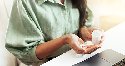 Buy stock photo Business woman, hands and pills with pharmaceuticals for dosage, painkillers or medication at office. Closeup, female person or employee with tablets, dispenser or container for medical healthcare