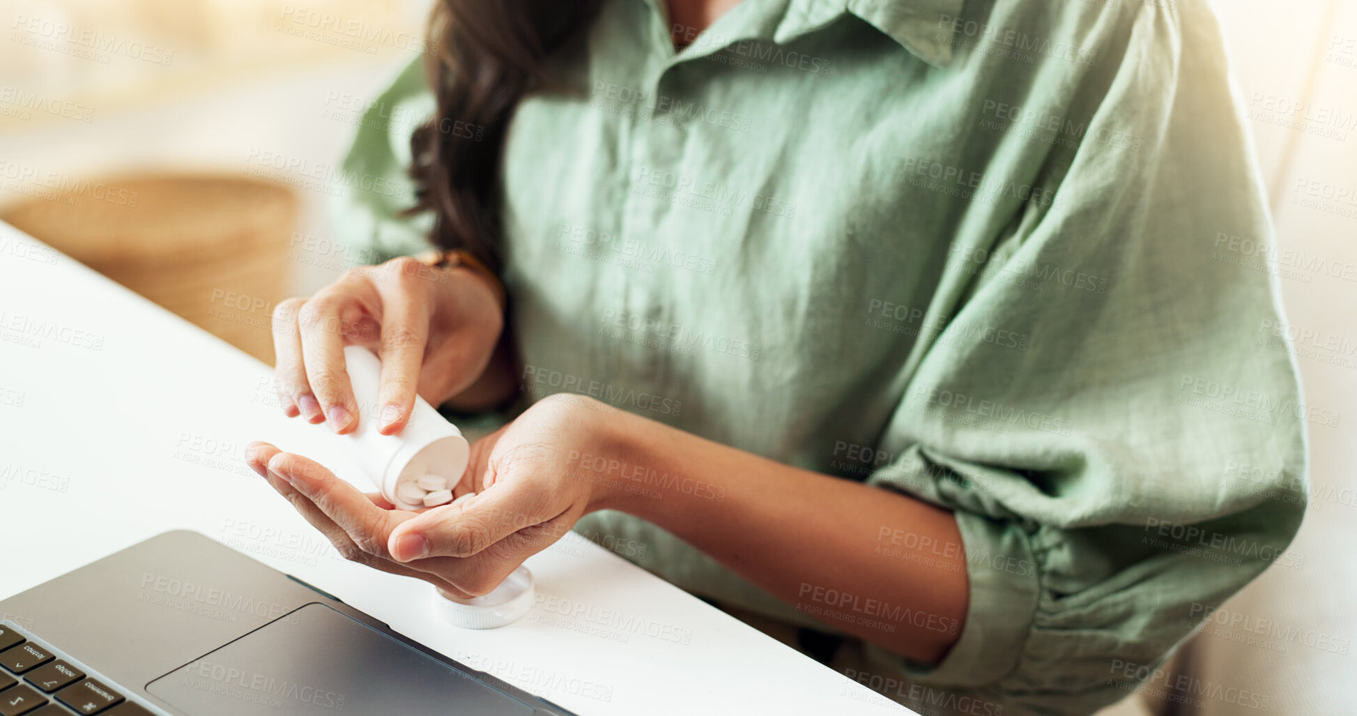 Buy stock photo Business woman, hands and pills with medication for dosage, painkillers or pharmaceuticals at office. Closeup, female person or employee with tablets, dispenser or container for medical healthcare