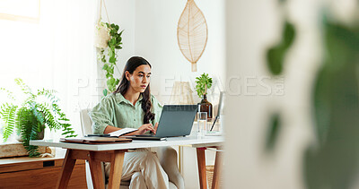 Buy stock photo Typing, reading and woman in home office with laptop, research and checking email for web project. Remote work, report and freelance writer at desk with computer, business planning and online article