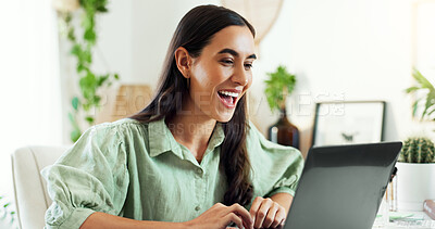 Buy stock photo Woman, plants and excited on laptop in office with good news, blog post feedback and garden writer review. Eco friendly, small business and surprised entrepreneur for magazine article winner and deal