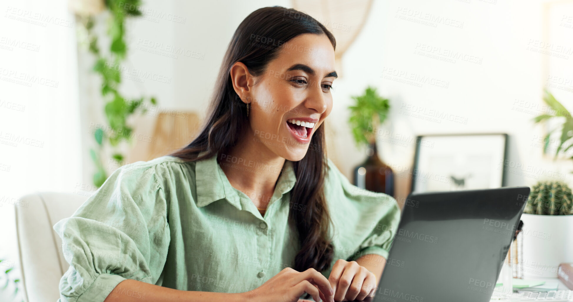 Buy stock photo Woman, plants and excited on laptop in office with good news, blog post feedback and garden writer review. Eco friendly, small business and surprised entrepreneur for magazine article winner and deal