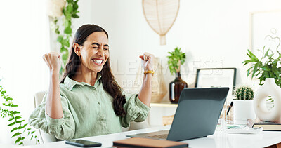 Buy stock photo Woman, plants and celebration on laptop in office with good news, blog post feedback and garden writer success. Eco friendly, small business and victory fist for magazine article winner announcement