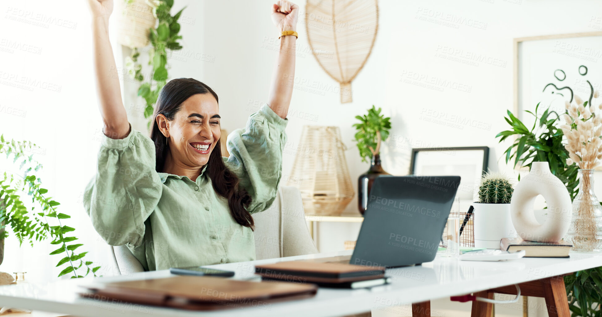 Buy stock photo Woman, plants and celebration on laptop in office with good news, blog post feedback or garden writer success. Eco friendly, small business or victory fist for magazine article winner or announcement