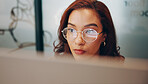 Business, woman and reading on computer in office for financial report, online research and budget planning. Female person, glasses and hr on pc with legal information, data entry and review proposal