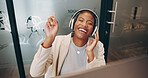 Headphones, singing and black woman in office with music for entertainment working on project. Happy, dance and African female business receptionist with audio tech for song on playlist in workplace.