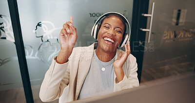 Buy stock photo Headphones, singing and black woman in office with music for entertainment working on project. Happy, dance and African female business receptionist with audio tech for song on playlist in workplace.