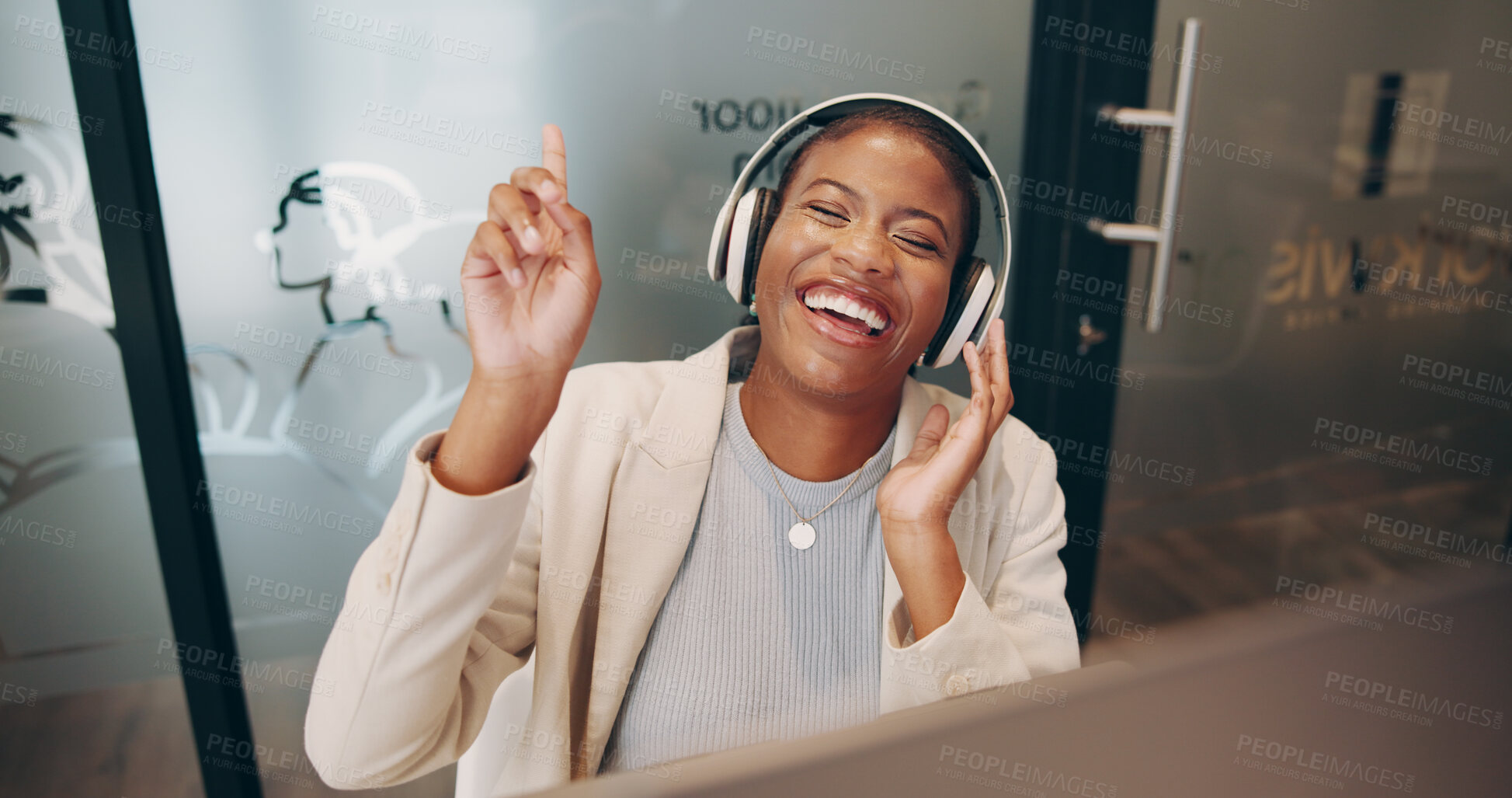 Buy stock photo Headphones, singing and black woman in office with music for entertainment working on project. Happy, dance and African female business receptionist with audio tech for song on playlist in workplace.