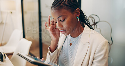 Buy stock photo Tired, stress and black woman in office for business with mistake, crisis or failure in project. Tablet, burnout and female creative designer with team for startup company with anxiety for deadline.