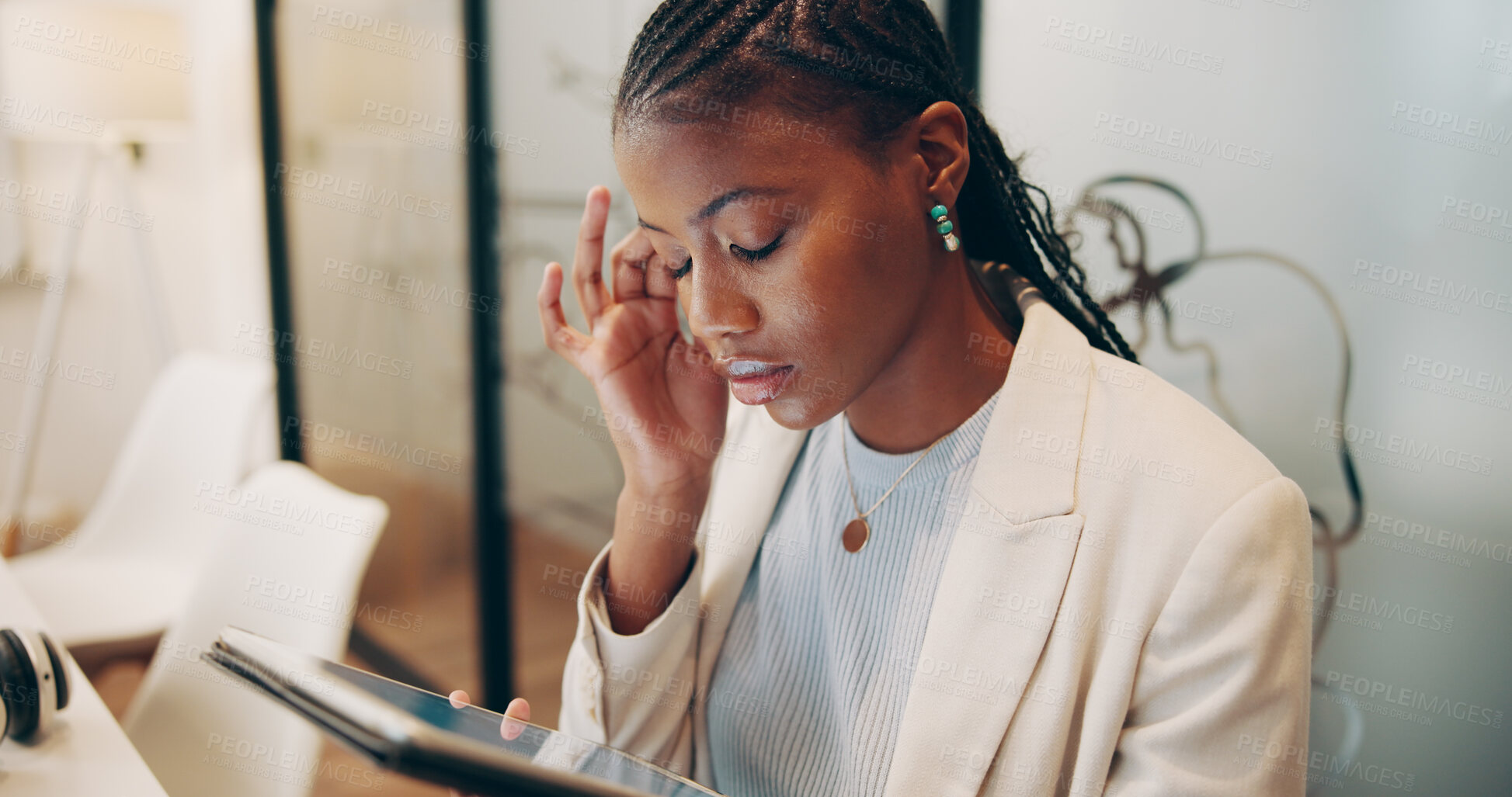 Buy stock photo Tired, stress and black woman in office for business with mistake, crisis or failure in project. Tablet, burnout and female creative designer with team for startup company with anxiety for deadline.