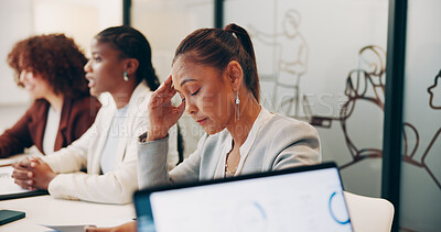 Buy stock photo Tired, fatigue and businesswoman in office in meeting for mistake, crisis or failure in project. Stress, laptop and female creative designer with team for startup company with anxiety for deadline.