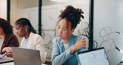 Buy stock photo Tired, stress and businesswoman in office in meeting for mistake, crisis or failure in project. Discussion, laptop and female creative designer with team for startup company with anxiety for deadline