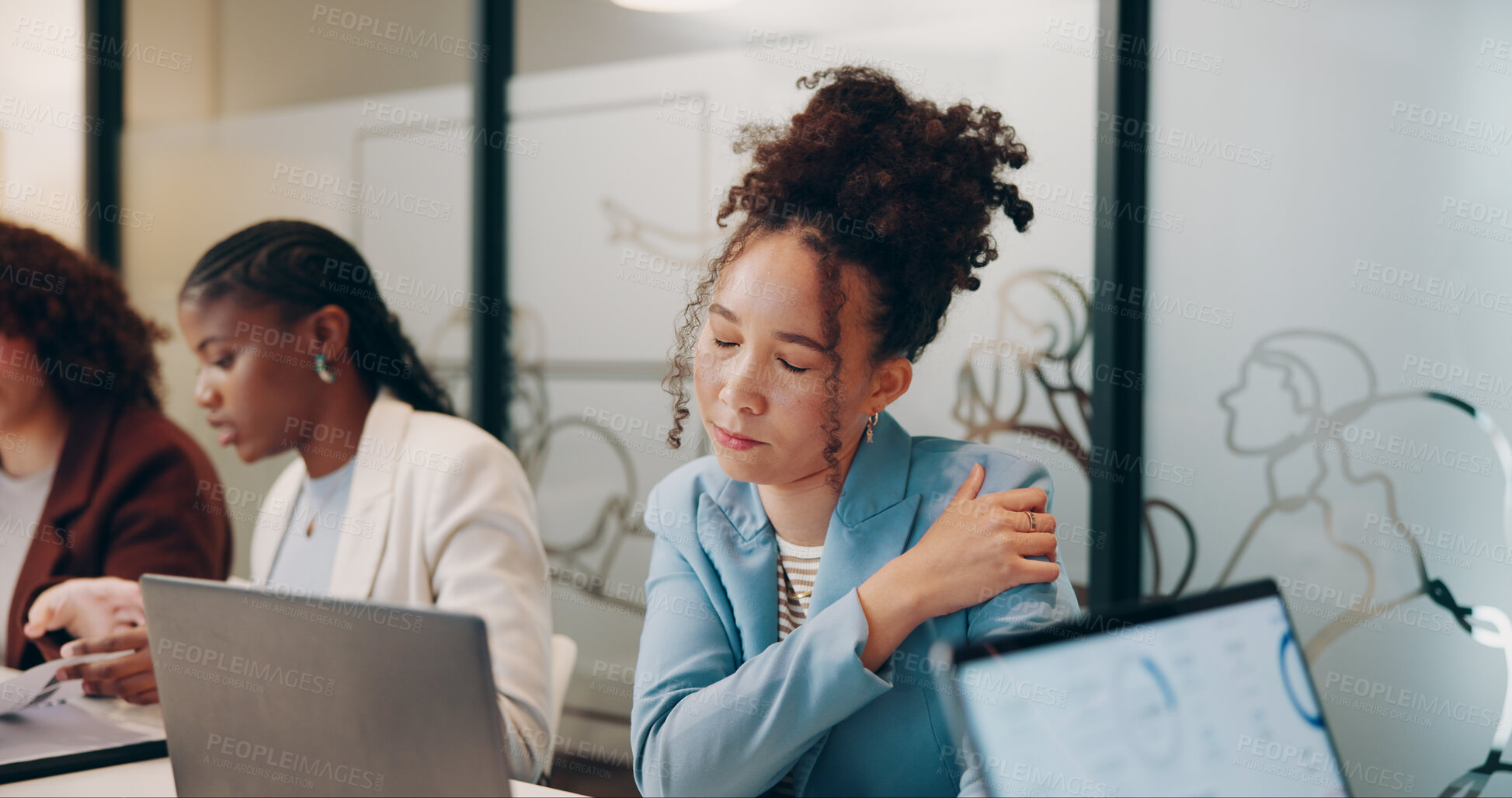 Buy stock photo Tired, stress and businesswoman in office in meeting for mistake, crisis or failure in project. Discussion, laptop and female creative designer with team for startup company with anxiety for deadline