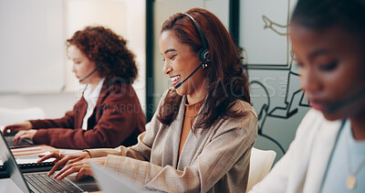 Buy stock photo Call center, laptop and woman with laugh, support and customer service email. Headset, telemarketing consultant or communication agent talking to client for advice, faq and smile for business team